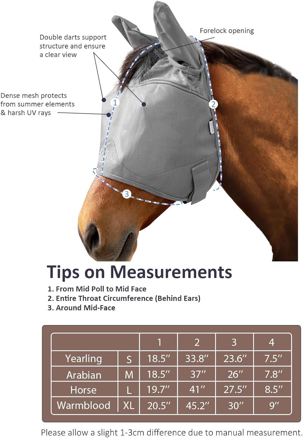 Harrison Howard UV-proof Multi-Function Fabrics Thick Fleece Padding Horse Fly Mask Half Face with Ears Original Grey Arabian Medium