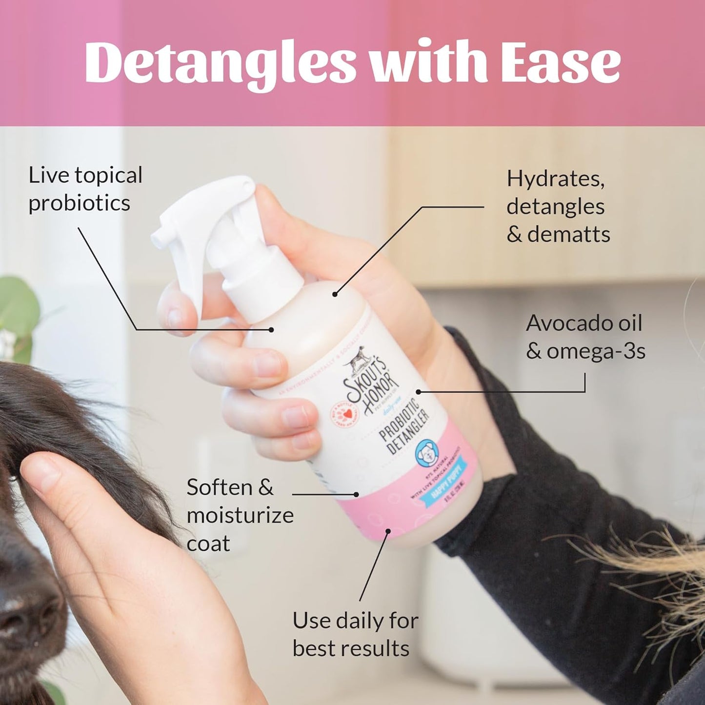 Skout's Honor Probiotic Pet Detangler Spray - Hydrating & Conditioning with Avocado Oil, 97% Natural, Paraben & Sulfate-Free, softens for a More brushable Coat, Daily Use, 8oz, Happy Puppy