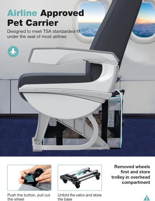 Dog Cat Carrier with Wheels, Airline Approved Pet Carrier for Cats Dogs 15lbs 20 lbs with Double-Sided Mat, Safety Leash and Shoulder Strap, Grey