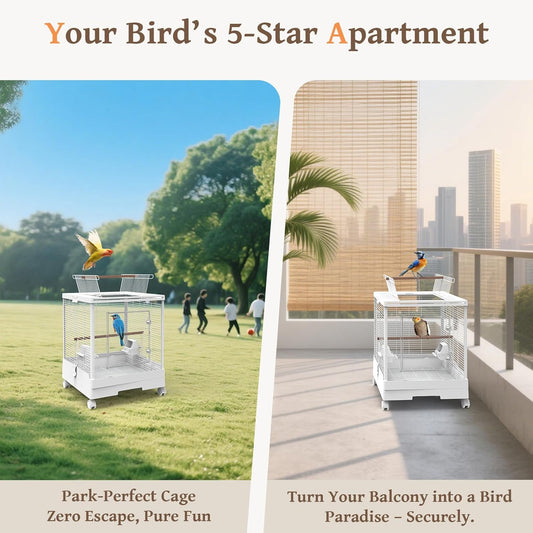 Clear View Bird Cage with Play Top, Modern Rolling Flight Cage for Parakeets, Cockatiels, Conures, Lovebirds, White Parrot Cage with 0.4" Bar Spacing, Slide-Out Tray & Accessories