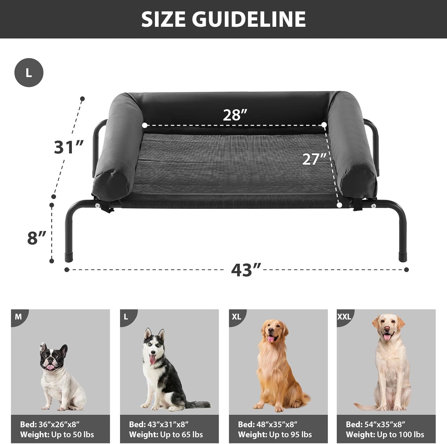 RRPETHOME Large Elevated Cooling Dog Bed, Raised Dog Cot Beds for Large Dogs, Elevated Outdoor Pet Cot, Chew Proof Portable Cooling Pet Cot with Skid-Resistant Feet and Breathable Mesh