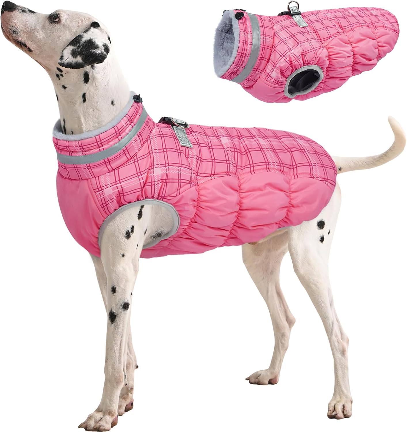 FUAMEY Dog Coat for Large Dogs,Waterproof Dog Winter Jacket with Harness Built in Puppy Cold Weather Coats Reflective Pet Vest with Zipper Warm Fleece Dogs Snowsuit Windproof Rose Plaid L