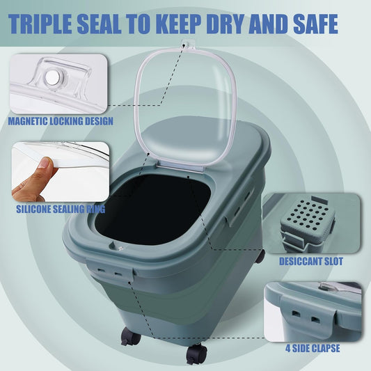 Collapsible Dog Food Storage Container with Lids, Airtight 30 35 Lbs Rice Cereal Flour Sugar Containers Dispenser, Sealable 20 25 Lbs Dog Pet Cat Bird Seed Kitchen Holder Bin Bucket with Rolling Wheel