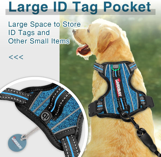 BARKBAY Dog Harness No Pull with ID Tag Pocket - Heavy Duty, Reflective, Easy Control for Large Dogs(Blue/Black,L)