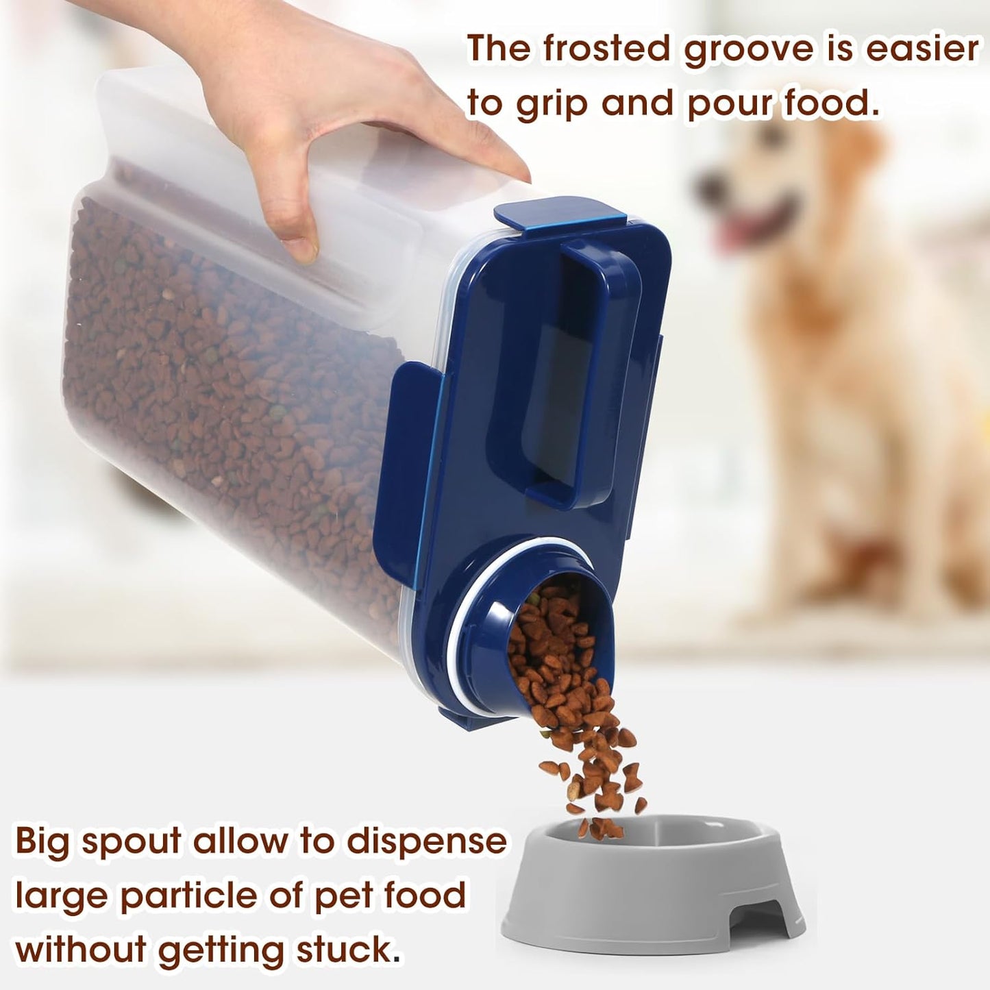 TBMax Large Cat Food Storage Container, Portable Dog Food Container with Upgraded Large Spout and Cup, Travel Pet Food Storage Dispenser for Kibble Storage, Bird Seed Container - Dark Blue