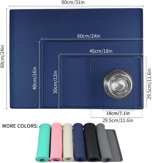 Ptlom Pet Placemat for Dog and Cat, Waterproof Non-Slip Silicone Feeding Bowl Mat Prevent Food and Water Overflow, Puppy Dish Feeder Fountain Trays Suitable for Medium and Small Pets, Navy Blue
