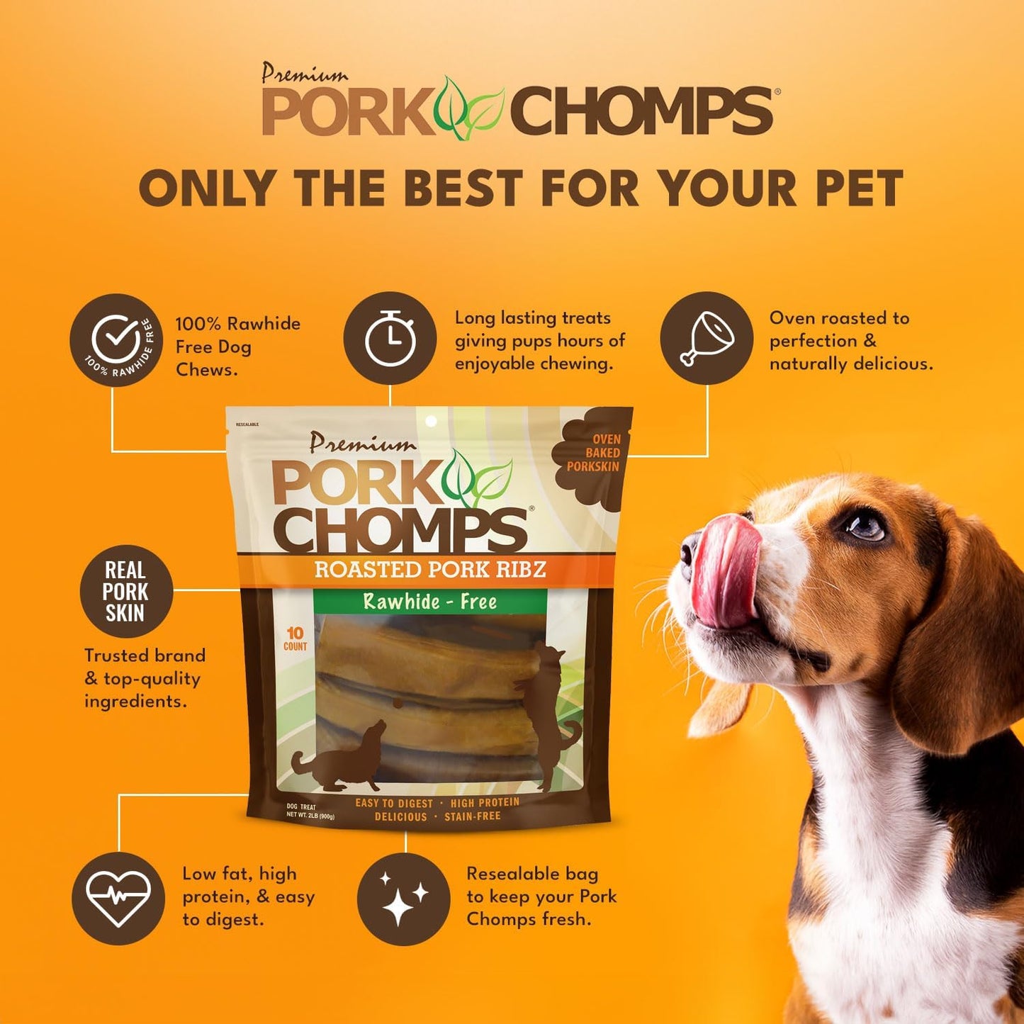 Pork Chomps Roasted Pork Skin Dog Chews, 6-inch Rib Shapes, 10 Count (Pack of 2)