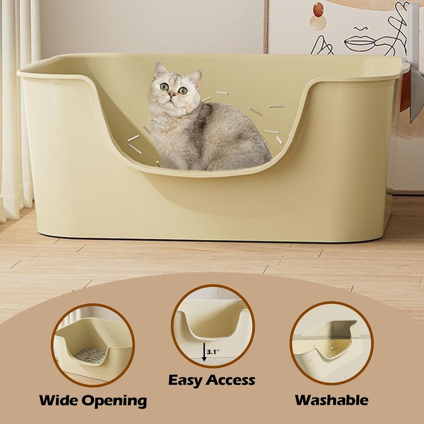 Small Cat Litter Box with High Sides,Cat Boxes for Indoor Cats,Cat Litter Pan for Kitty,Litter Box with Low Entry,Easy to Clean,Anti-Splashing (Yellow)