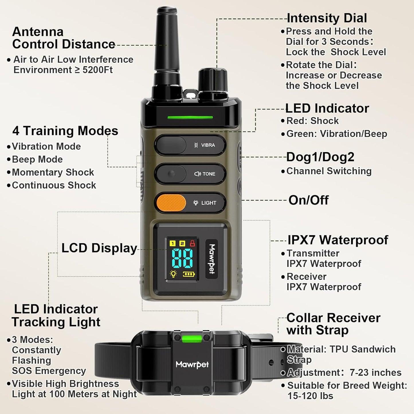 Dog Shock Collar 2 Dogs (15-120lb), 5200FT Range, IPX7 Waterproof, 4 Training Modes, Orange/Black
