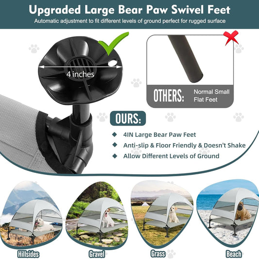 Upgraded Elevated Dog Bed with Canopy, Portable Raised Outdoor Dog Bed with Stable Anti-Slip Feet, Removable Wider Shade, Raised Dogs Cot for Large Pets Camping, Indoor & Outdoor Use