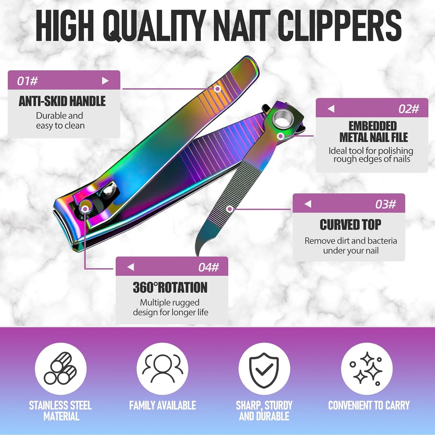 2PCS Stainless Steel Nail Clippers,Rainbow Fingernail Clipper and Toenail Clipper, Wide Easy Press Lever Nail Cutter with Swing Out Nail Cleaner/File for Men and Women