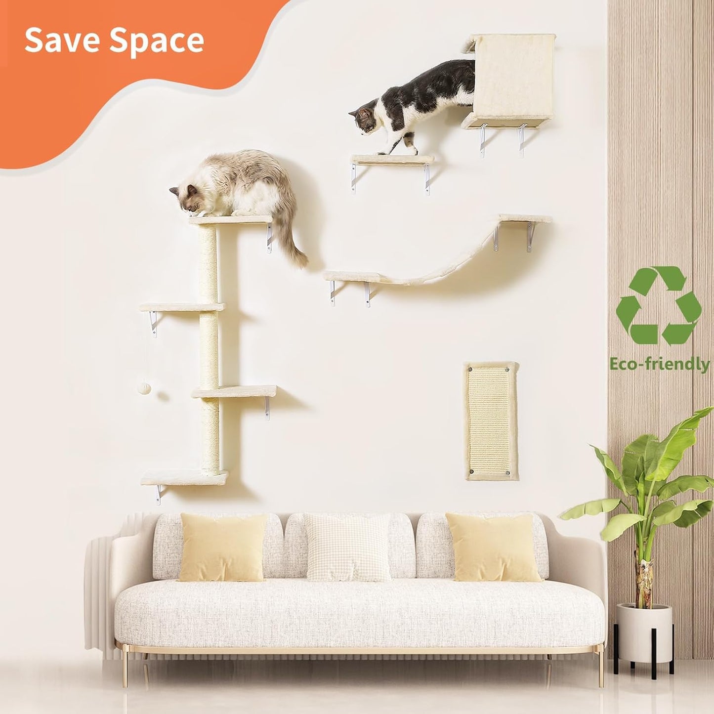 Modern Wall-Mounted Cat Furniture - 5pcs Cat Wall Shelves, Wooden Climber Includes House, Bridge, Tree, Steps, and Scratcher