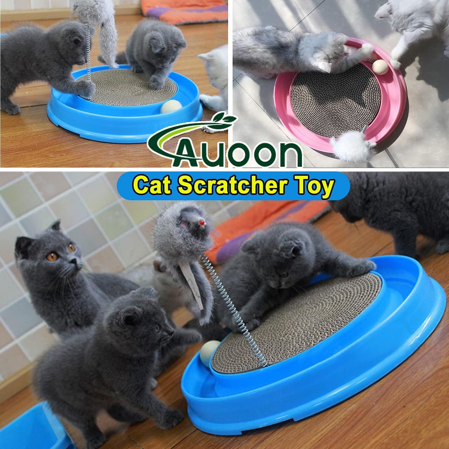 AUOON Cat Scratcher Toy - Cat Scratch Pad with Cat Toy Ball Track and Plush Mouse Toy for Indoor Cats and Kittens (Blue)