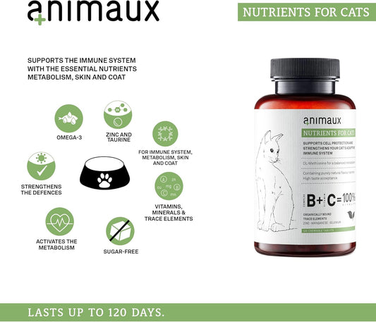 animaux – nutrients for Cats, All-Natural Cat Vitamins, Cat Essentials to Strengthen The Immune System & Natural Cell Protection, Healthy Skin & Shiny Coat, 120 Chewable Tablets, 120 Days Supply