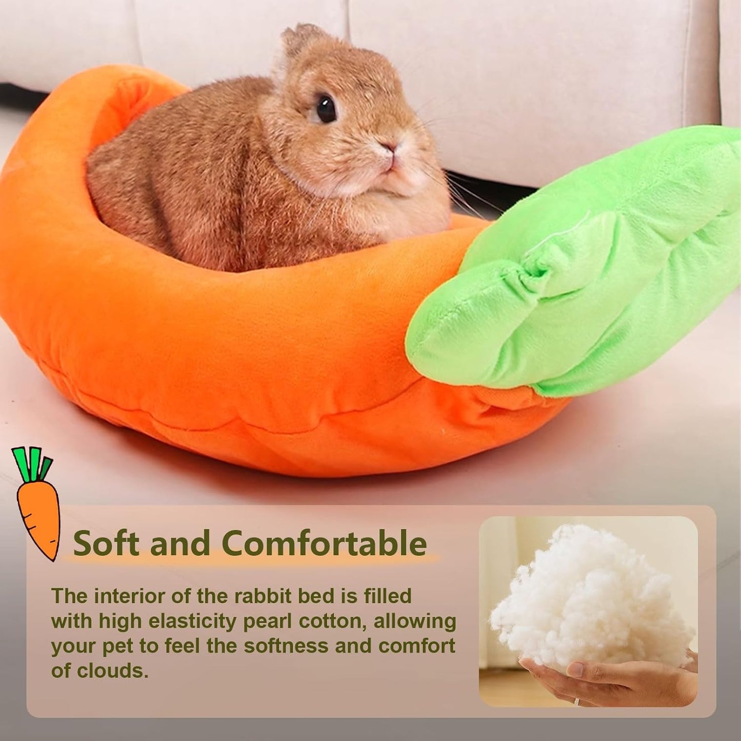 Bunny Bed,Thick&Soft Rabbit Bed with Removable Cushion,Machine Washable with Rattan Mat & Heart Decor,Cozy Warm Small Animal Sleeping Beds (Carrot Shape-M)