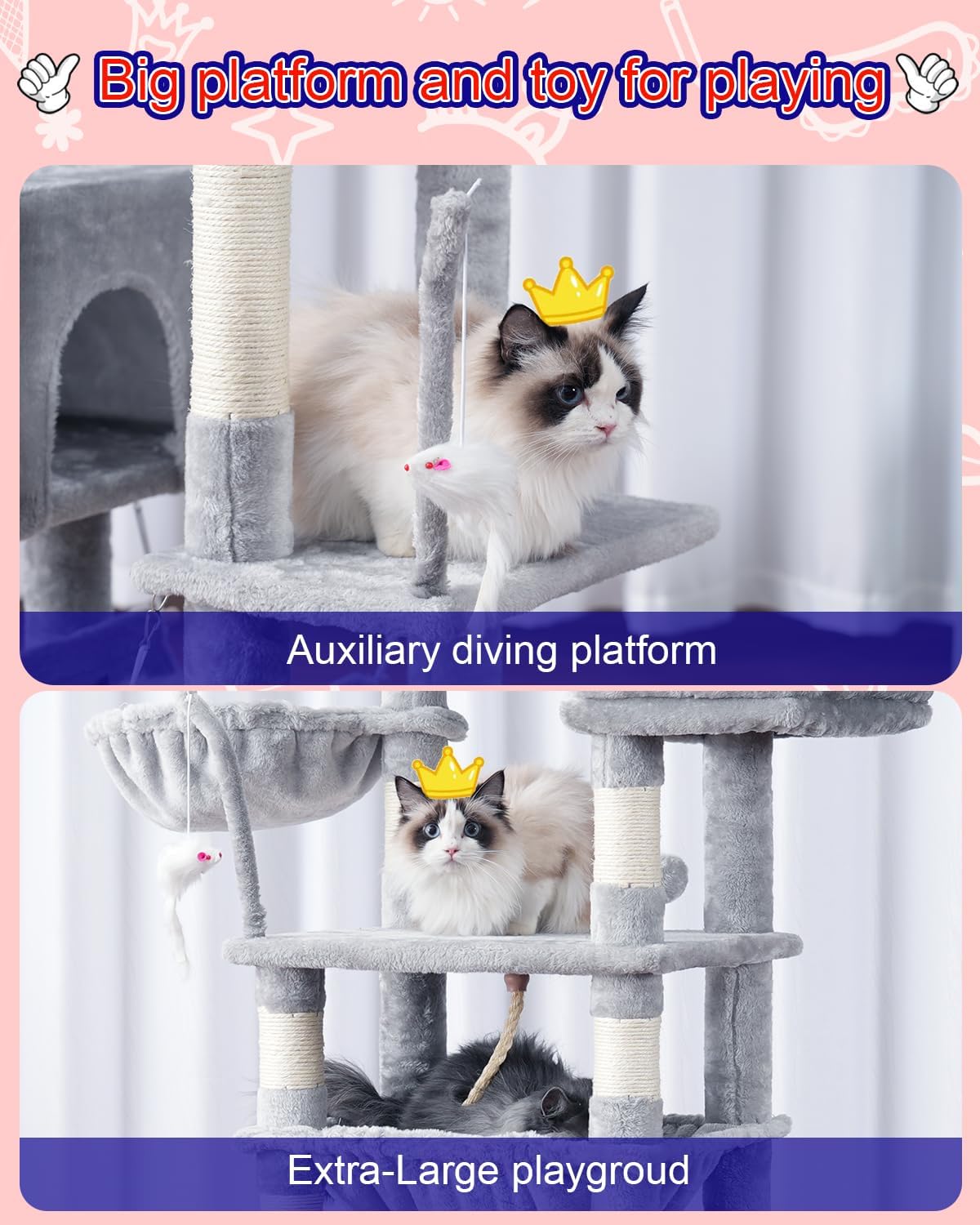 Cat Tree, Cat Tower for Large Cats with 2 Big Platforms, 2 Baskets, condo and Toys, 63" Cat Scratching Posts for Indoor Cats, Light Gray GCT020W