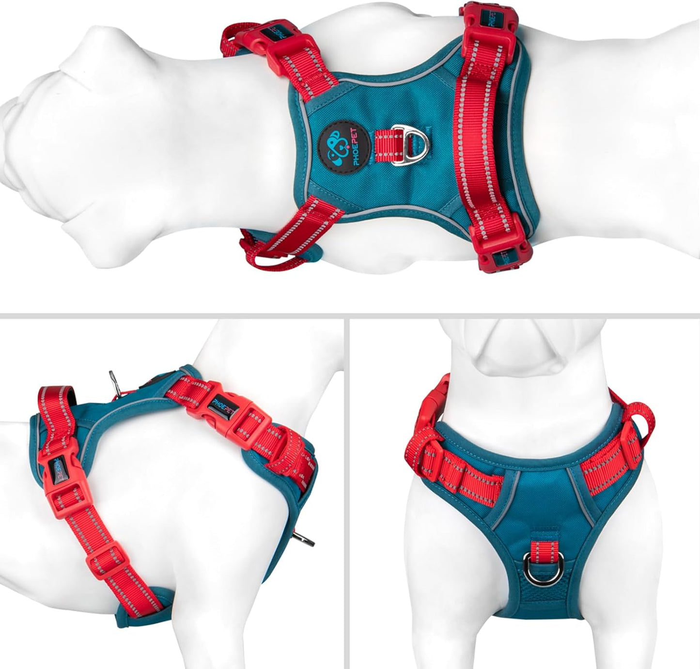 PHOEPET No Pull Dog Harness, Unique Colors Reflective Adjustable Dog Vest, with Soft Training Handle Metal Clips for Small Medium Large Dogs (Teal Base & Red Straps,S)