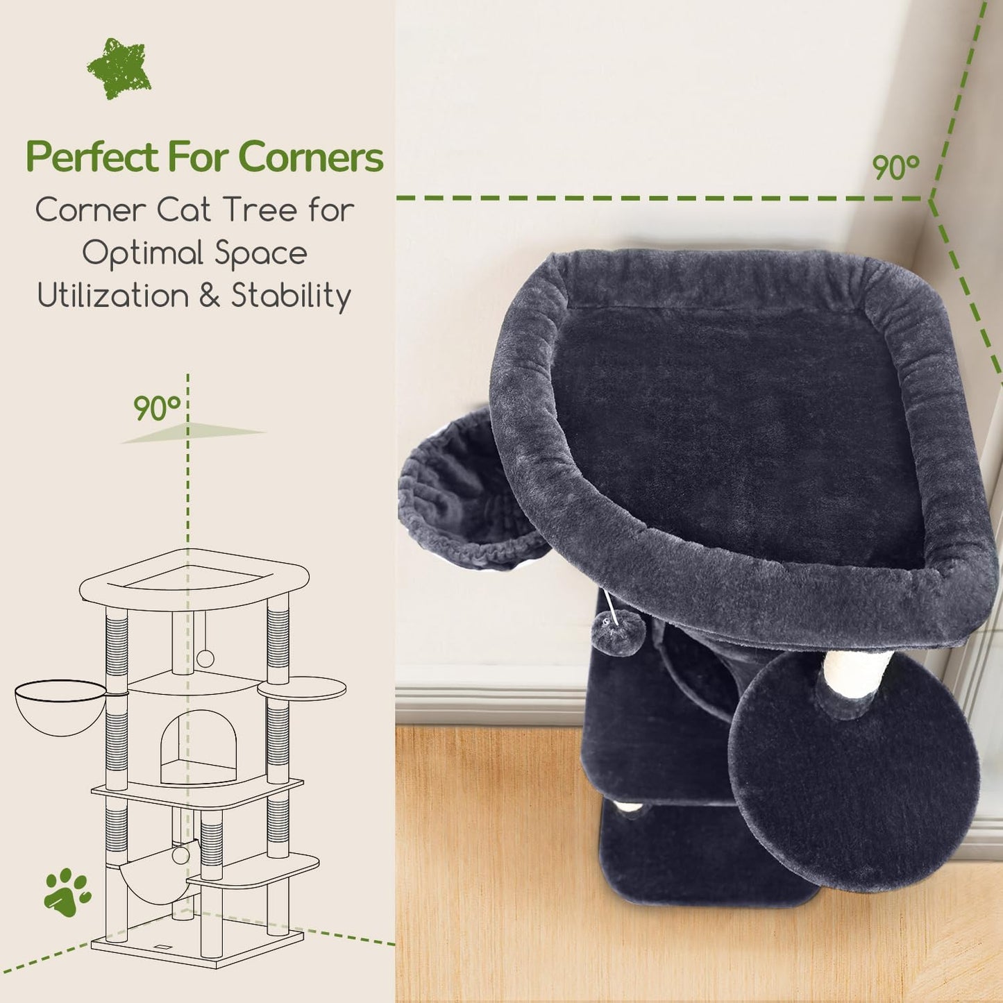 Globlazer Corner Cat Tree Tower for Indoor Cats, 51in Multi-Level Cat Condo Tower with Large Hammock, 7 Sisal Scratching Posts, Oversized Top Perch, Spacious Cat Cave, Hanging Basket, C51, Dark Grey