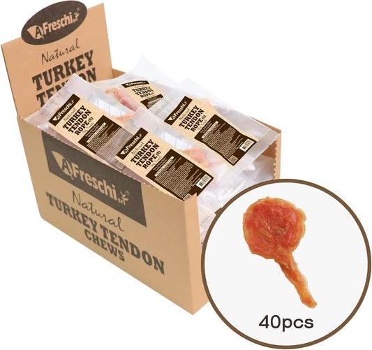 AFreschi Turkey Tendons for Dogs, USA-Sourced, Healthy Dog Treats, Rawhide-Free Puppy Chews, Long Lasting, All Natural, Hypoallergenic Dog Treats for Small Breeds, 40 Count Box Lollipop (S)