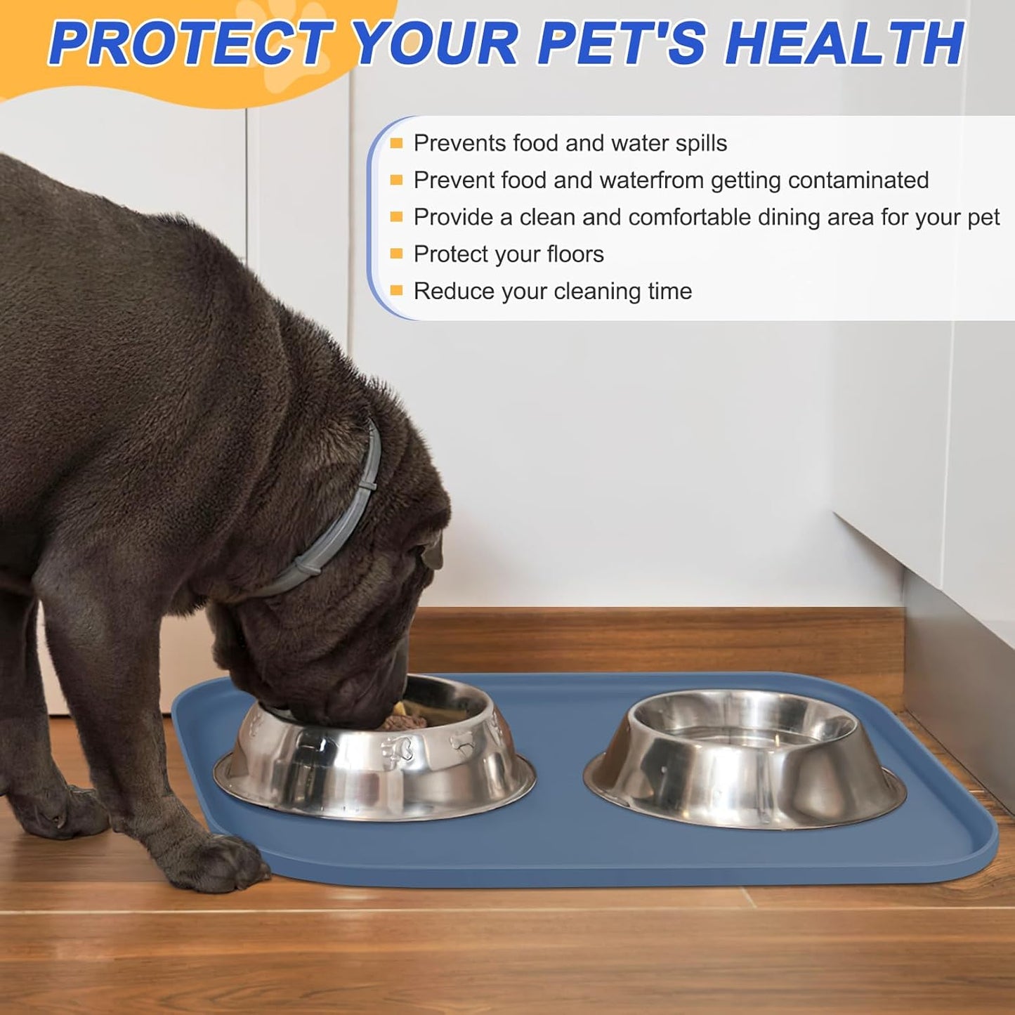 Silicone Pet Feeding Mat with Raised Edge for Food and Water, Dog Bowl Mats, Cat Bowls Placemat with High Lip for Floor Waterproof, Rubber Tray for Cats and Dogs 22 x 14 x0.8 Slate Blue