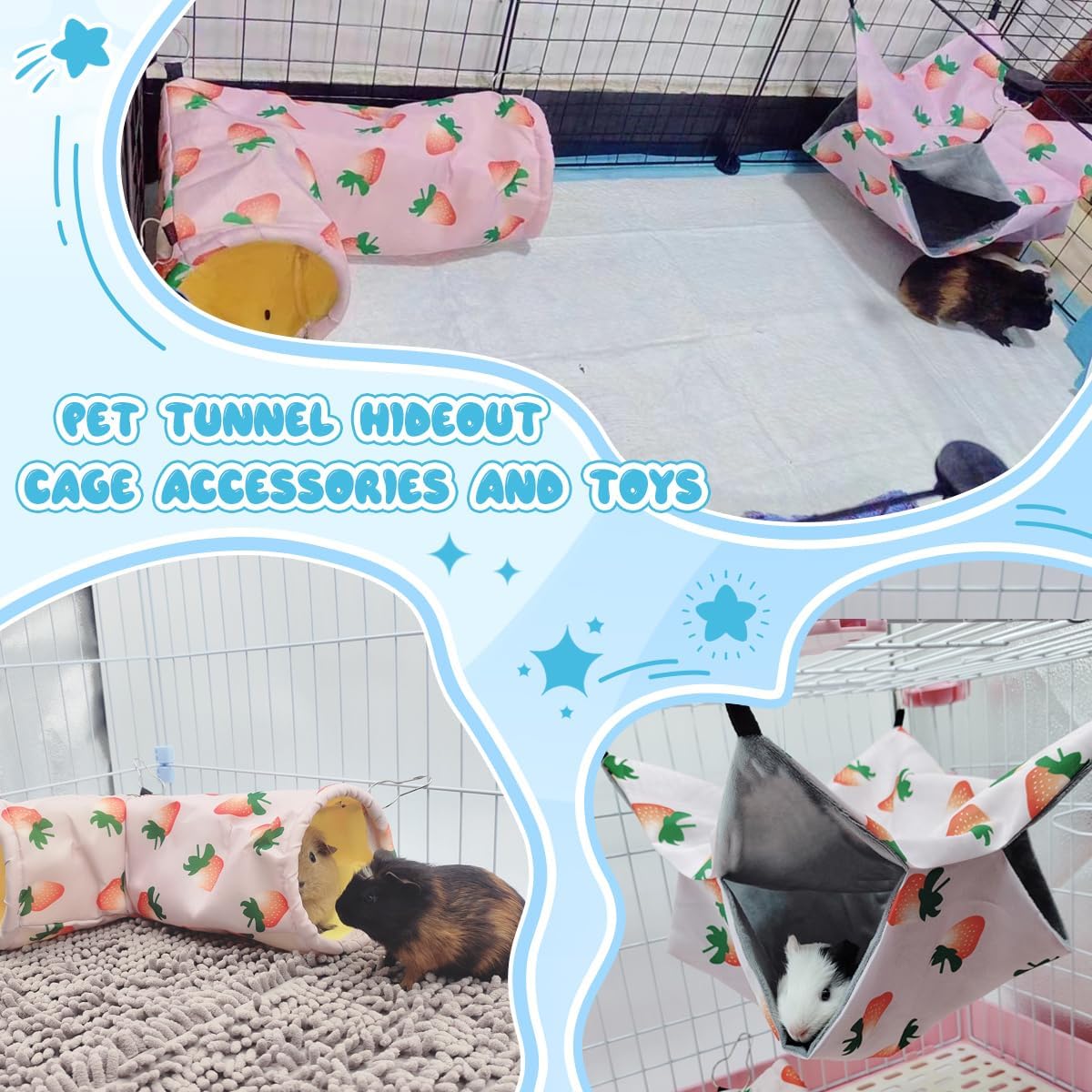 Large Caliber Guinea Pig Hideout & Hammock, Corner Hideout Toy for Guinea Pig, Ferret, Hedgehog, Piggy-2 Tunnel Strawberry
