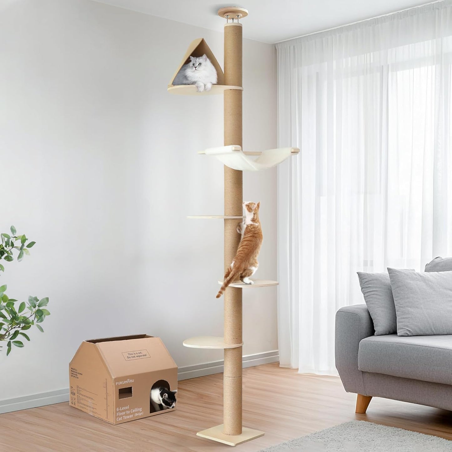 FUKUMARU Floor to Ceiling Cat Tree, 6 Level Adjustable Height (6-10 ft) Climbing Tower with Thickened Scratching Posts, Cats Activity Center with Cozy Hammock - Beige