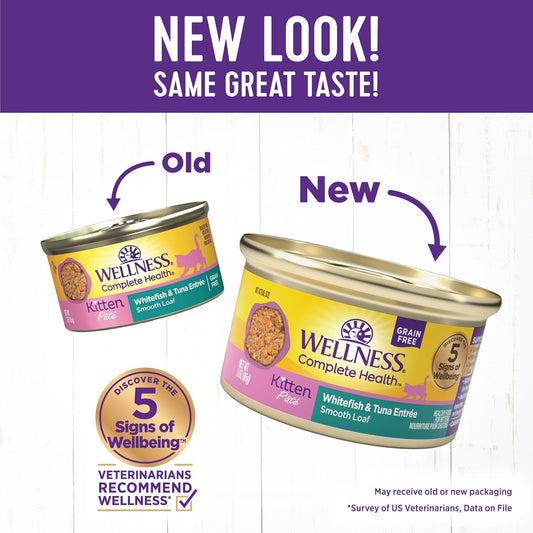 Wellness Complete Health Pate Kitten Wet Cat Food Canned Food, Natural, Protein-Rich, Grain Free, 3 Ounce Cans, 24 Pack, (Whitefish & Tuna)