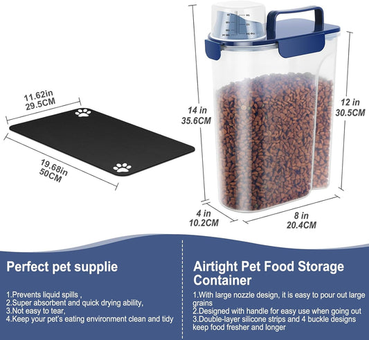 5-7Lbs Portable Airtight Dog Cat Food Container, Match Pet Feeding Mat Clean and Convenient, Making Food Less Messy, Translucent Storage Bin for Small Animal Kibble, Bird Seed, Oatmeal-Blue
