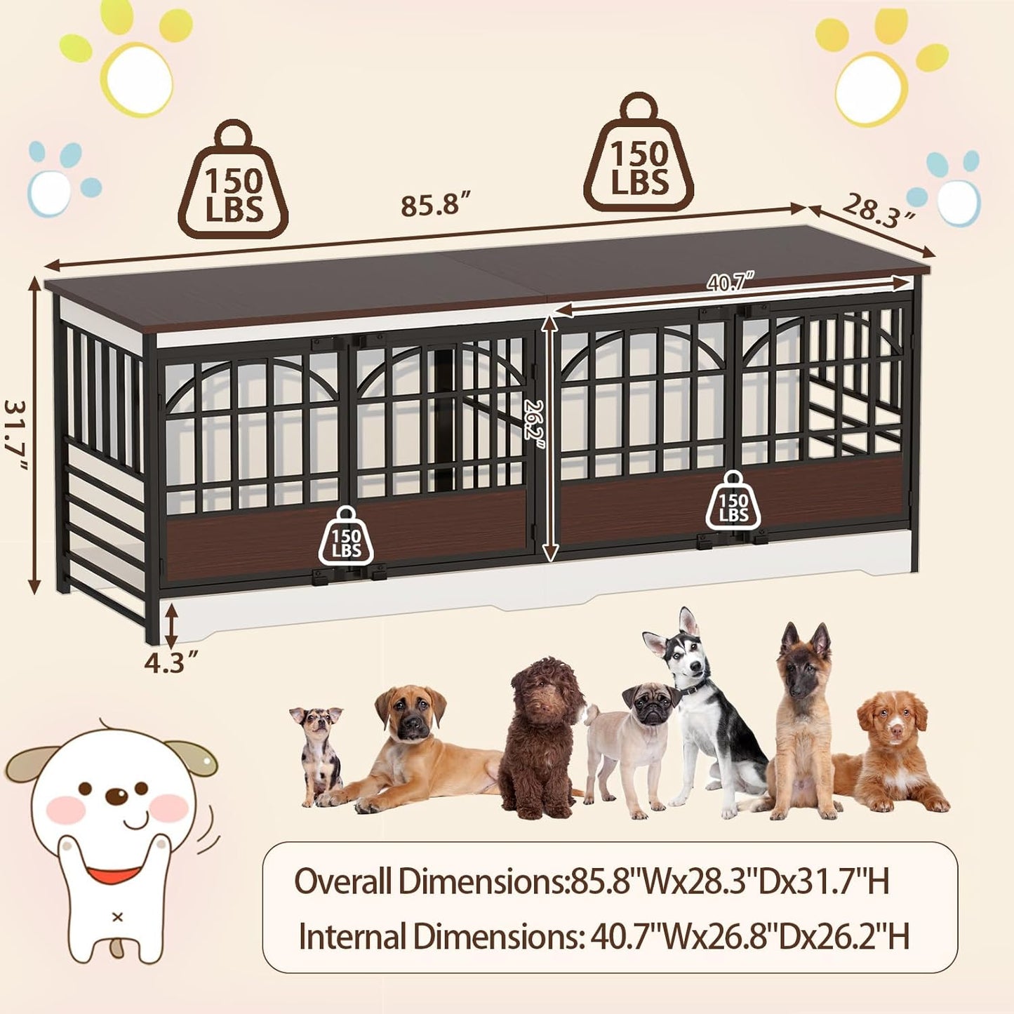 COZPAW 86 Inch Double Dog Crate Furniture for 2 Large Dogs, Decorative Dog Kennel Indoor TV Stand, Heavy Duty Wooden Dog Cage for Large Medium Dogs Sized Dog Pet House with Divider (White)