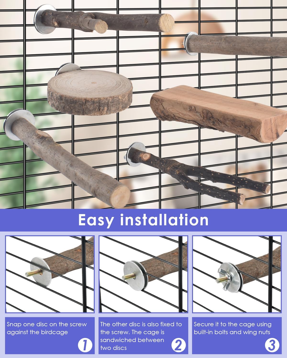 Bissap 10 PCS Bird Chew Toys, Parakeet Natural Wood Parrot Hanging Cage Toy Swing Rope Paw Fork Perch Stand Platform for Small Birds Conure Cockatiel Parrotlet Lovebird Budgie Exercise Training