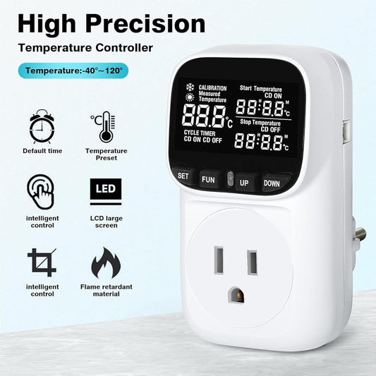KABASI Digital Temperature Controller, Only Fahrenheit Dispaly Heavy Duty 15A Thermostat Outlet with Sensor, Heating Cooling Control Timer Plug Socket for Greenhouse Refrigerator Terrarium Aquarium