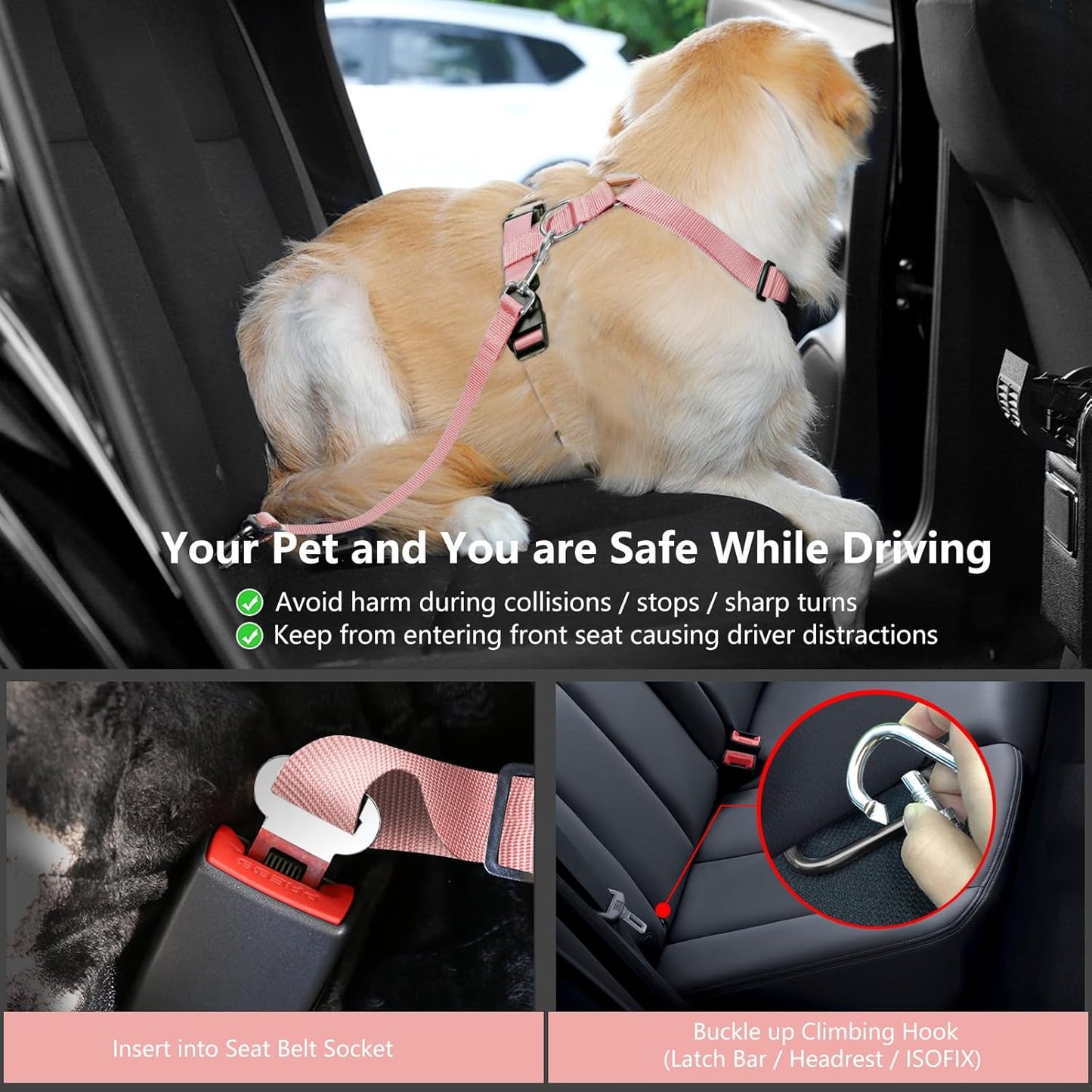 Dog Seat Belt, Safety Vest Dog Car Harness with Adjustable Buckle Dog Seat Belt for Vehicle Nylon Pet Safety Seat Belts Heavy Duty(XL, Pink Daisy)
