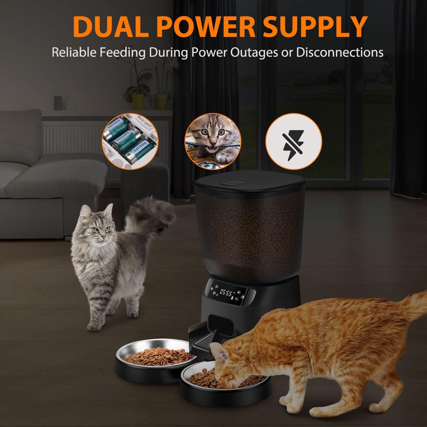 Automatic Cat Feeders for Two Cats, 5L/20 Cups Double Automatic Cat Food Dispenser with 2 Stainless Bowls, Timer Setting 20 Portions 6 Meals Per Day, 10s Meal Call, Pet Feeder for Dog (Black)