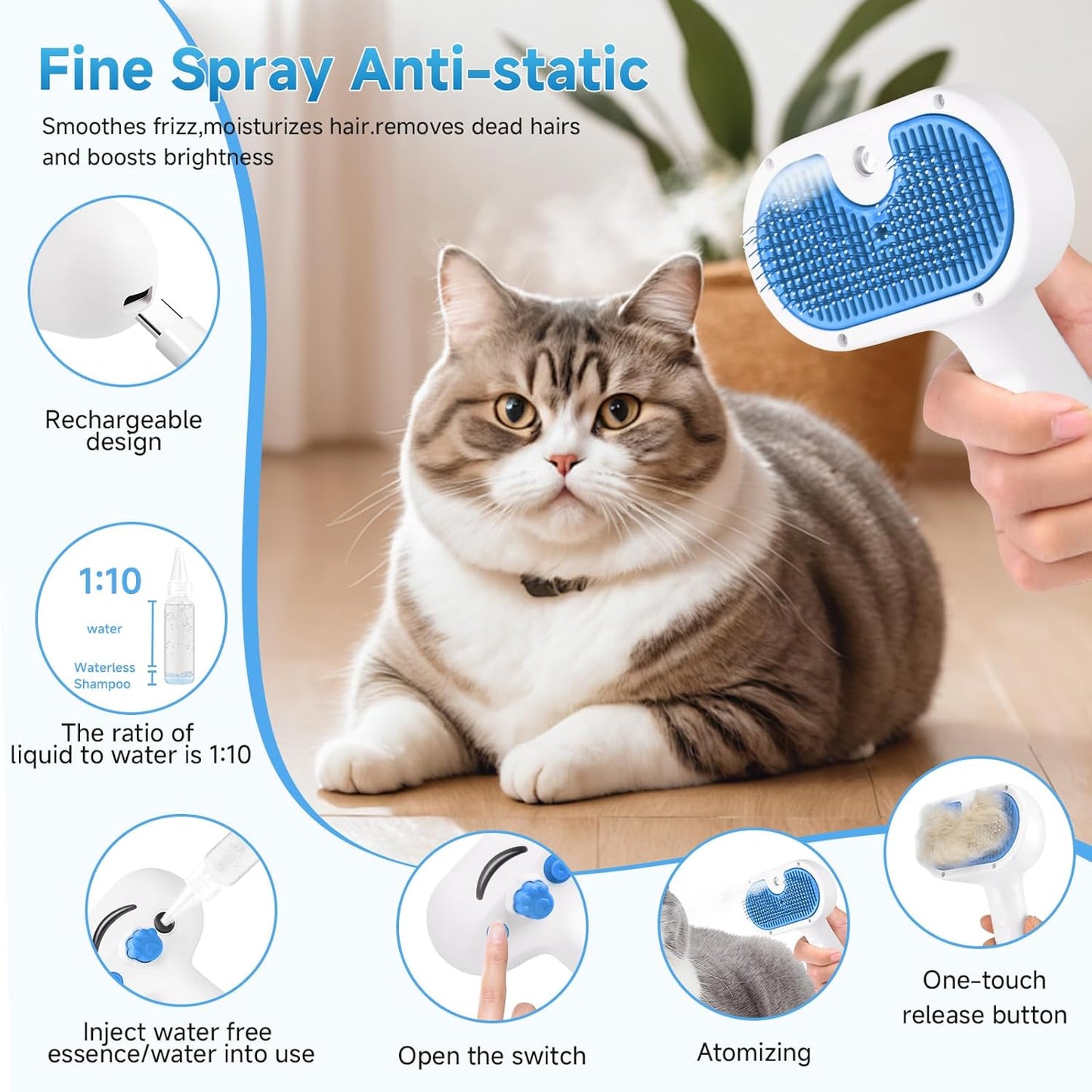 Pet Steam Brush for Dog & Cat - 3-in-1 Steam Grooming Brush for Shedding & Hair Removal - Self Cleaning Spray Comb with Mist for Long Haired Pets - Includes 2*Waterless Shampoo, Blue