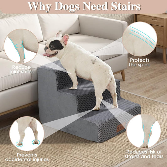 GGIB Dog Stairs for Small Dogs Cats Non-Slip Dog Steps for High Bed Pet Stairs for Sofa Couch Pet Ramp Pet Steps with Removable Washable Cover, Grey, 13" H, 3-Step