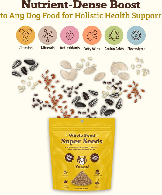 Natural Dog Company Super Seeds Food Topper, Omega-Rich, Natural Dog Multivitamin, Superfood Supplement, Dog Coat and Skin Health, Grain-Free Supplement, Daily Nutrition Boost, 8 Oz