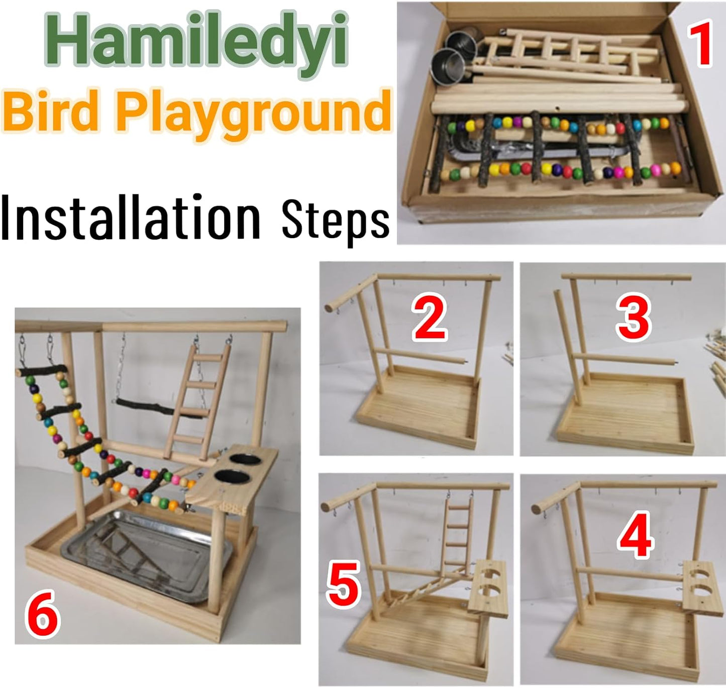 Hamiledyi Parrots Playground Bird Play Gym Wood Perch Stand Colours Climb Ladders Swing Chewing Toys with Parakeet Feeding Cups Exercise Activity Center for Conure Cockatiel Lovebirds(Include a Tray)