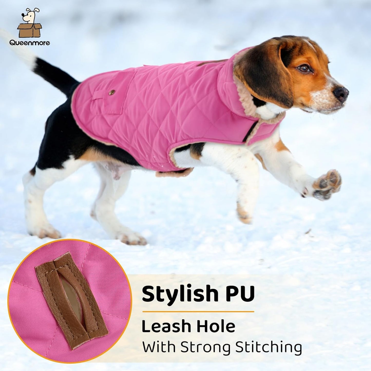 Queenmore Dog Winter Coat - Fleece Jacket, Waterproof Cold Weather Clothes, Thick Warm Cotton Padding, Easy On Storage Pockets (Pink, X-Large)