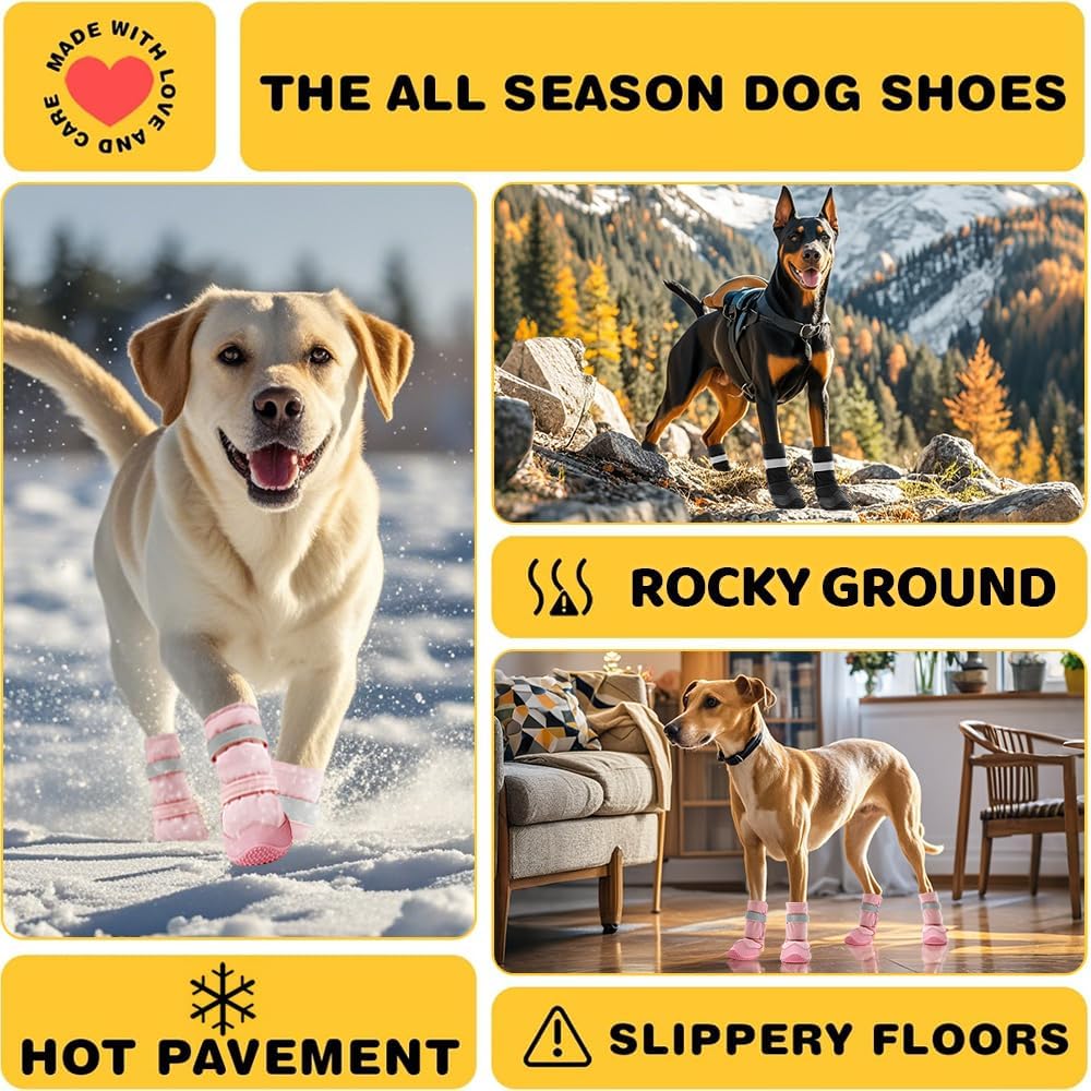 Hcpet Dog Shoes, Dog Boots & Paw Protectors for Winter Snowy Days, Rainy Weather, Outdoor Anti-Slip Sole Dog Booties for Hardwood Floor Pink-Leg 3