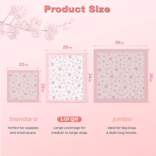 MIZOK Dog Pee Pads 28x34in Pink, Puppy Pads Extra Large Absorbent with Adhesive Tabs 6-Layer Leak-Proof Quick-Dry Design Odor Control for Potty Training, Cherry Blossom Prints (40 Counts)