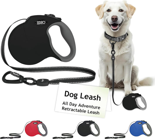 DOCO Retractable Dog Leash for Large Dogs (Length - 16’, Weight - Upto 45lb) Reflective Tape Lead with Stop and Lock Control, Tangle Free 360° Swivel Snap & Anti-Slip Grip (Black, Medium)