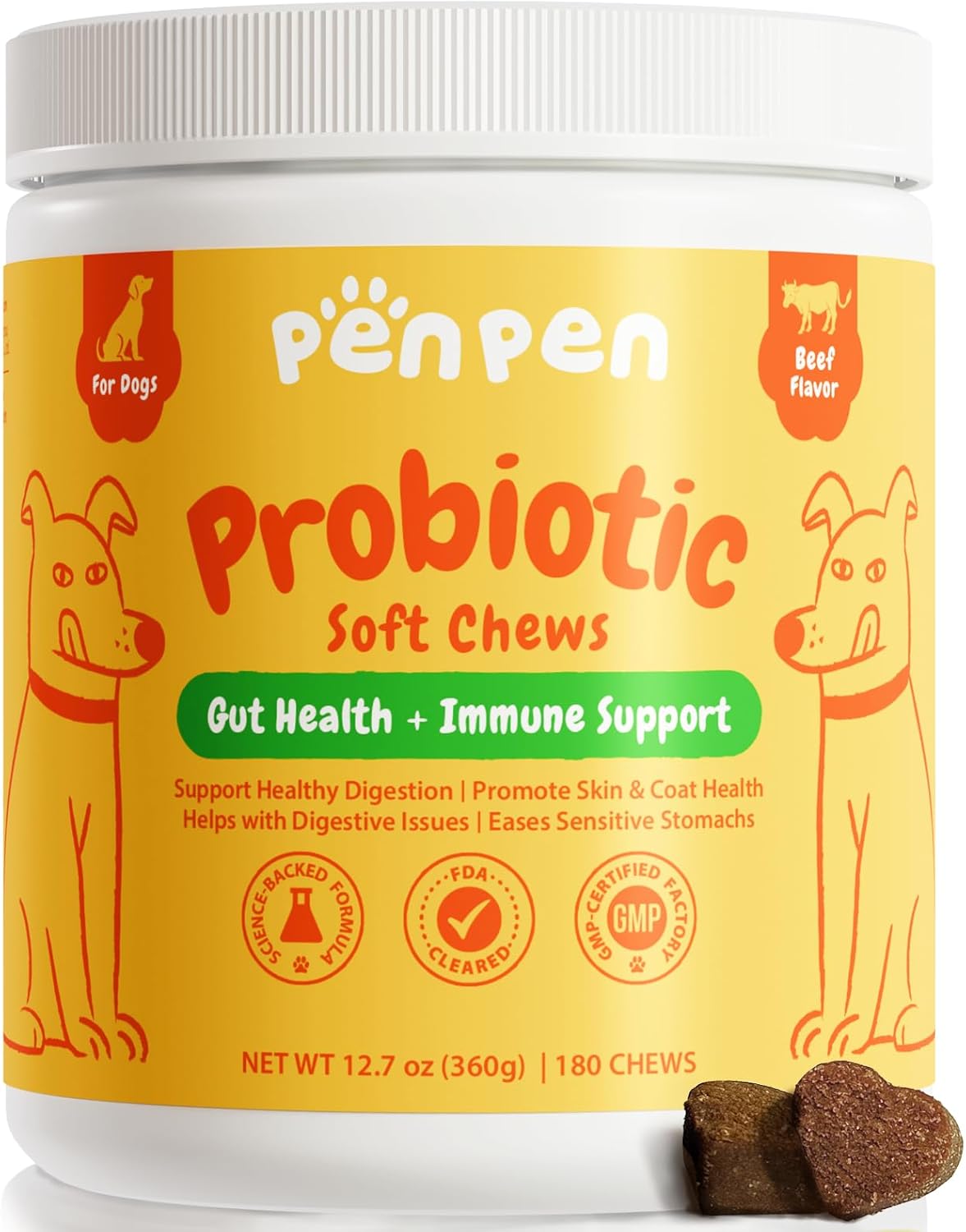 Penpen Probiotics for Dogs, Dogs Probiotics for Digestive Health, Multi-Probiotic and Enzyme Blend Promote Gut Health & Immune Support, Eases Sensitive Stomachs (Beef Chews, 180ct)