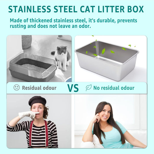 Stainless Steel Litter Box,Metal Litter Box for Big Cats 8IN Deep, Cat Litterbox 2 Pack Easy to Clean-High Sided,Stainless Steel CatLitters Box for Adult Cats,Non Stick, No Smell