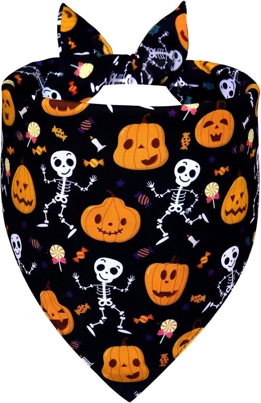 Halloween Dog Bandana for X-Large Dogs - Reversible Black Skull Pumpkin Print Scarf - Soft & Quick-Dry for Costume Parties