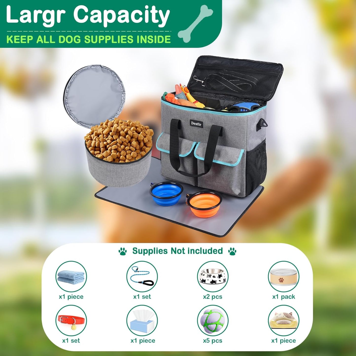 Large Pet Travel Bag Organizer - Dog & Cat Tote with Food Containers, Bowls, Feeding Mat, Perfect for Camping, Hiking (Multi-Pocket Design)