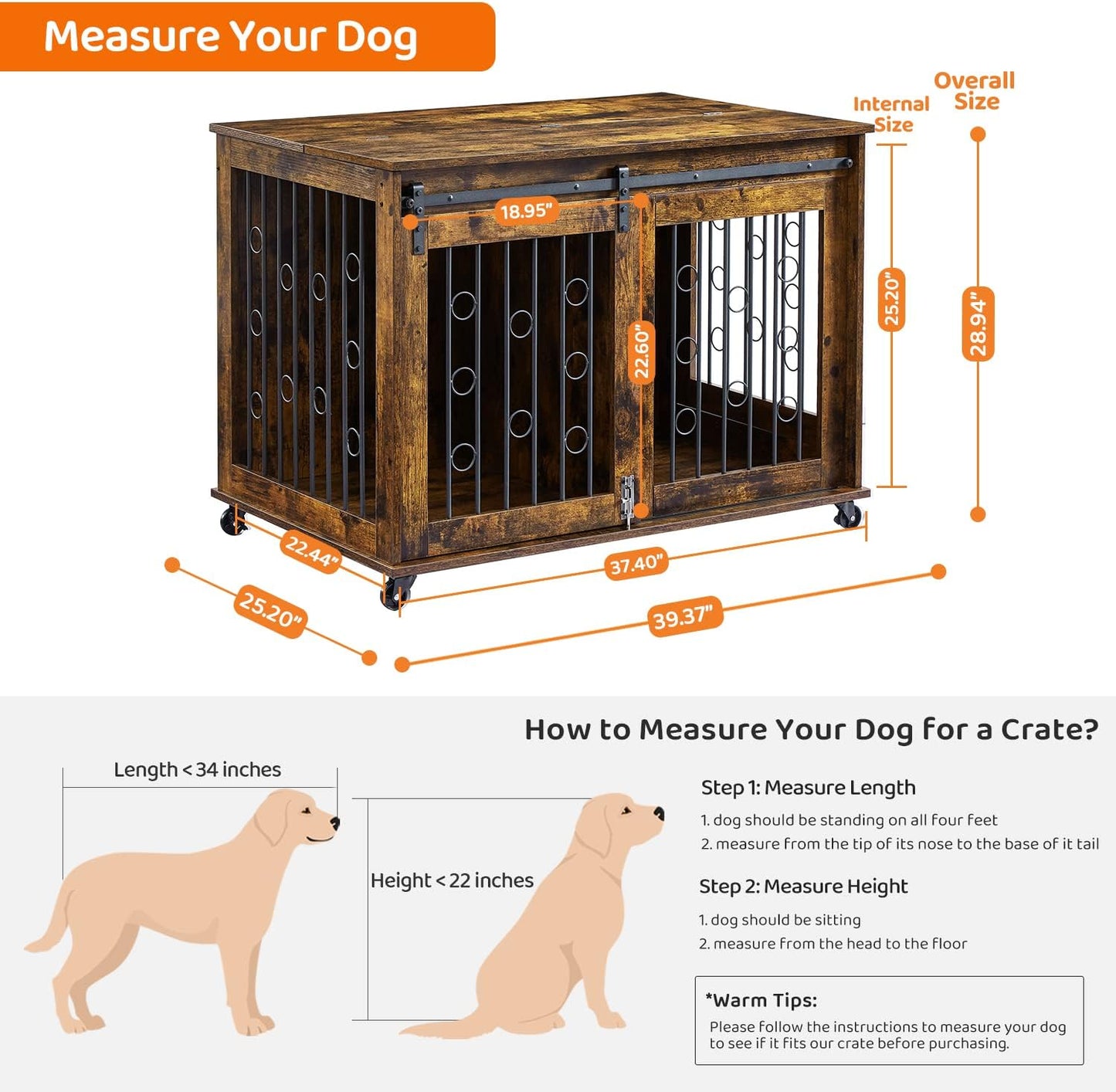 IchbinGo Dog Crate Furniture with Sliding Barn Door, 39" Wooden Dog Kennel End Table with Wheels and Flip-top Plate Dog House with Detachable Divider for Small/Medium/Large Dog (Rustic Brown)