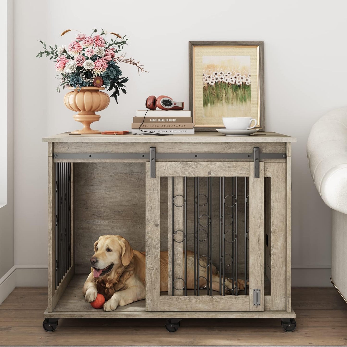IchbinGo Large Dog Crate Furniture with Sliding Barn Door, 43.7" Wooden Dog Kennel End Table with Wheels and Flip-top Plate Dog House with Detachable Divider for Small/Medium/Large Dog (Rustic Grey)