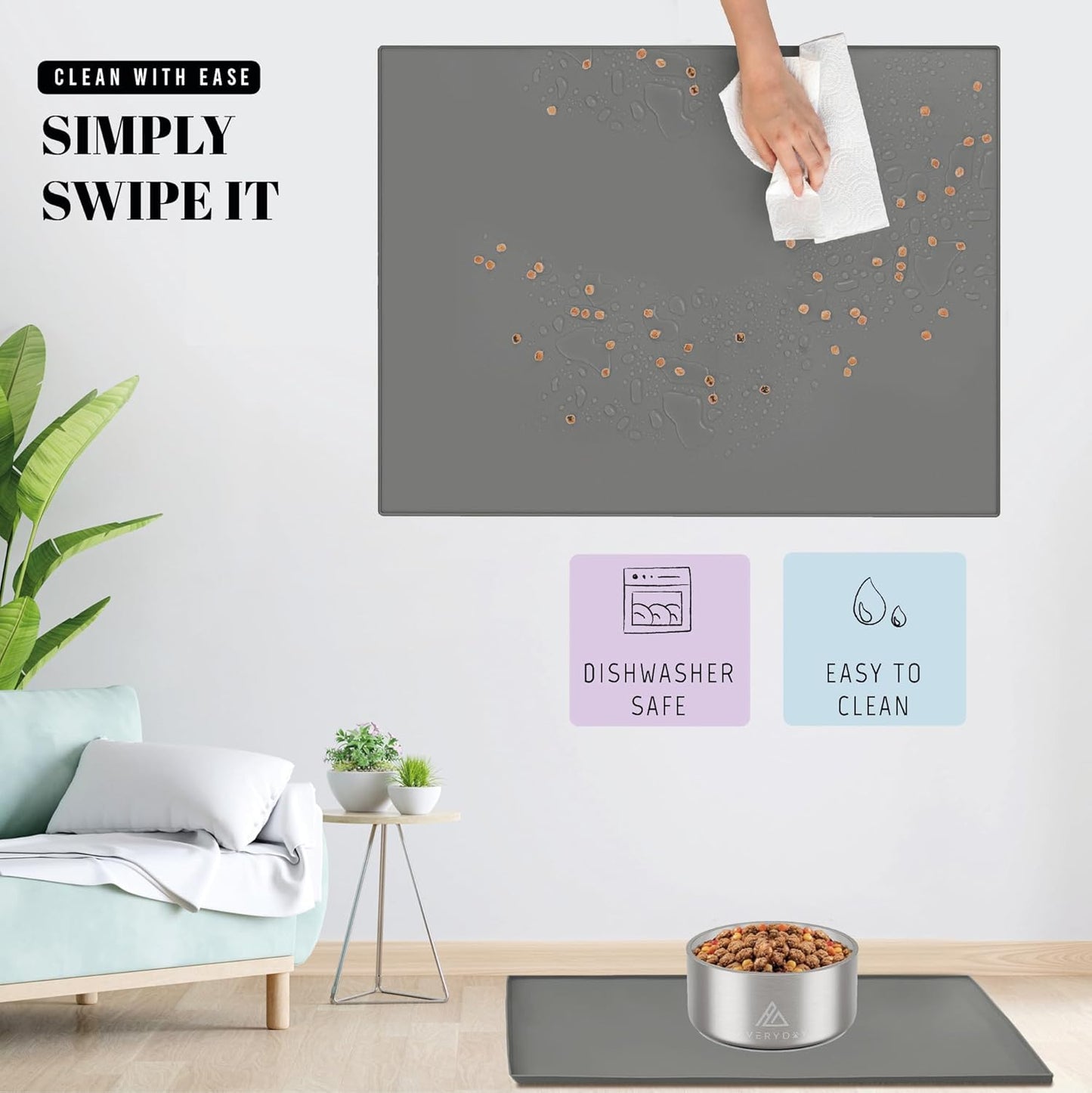 AVERYDAY 18x10'' Silicone Dog Mat for Food and Water, 0.63'' Edge Dog Food Bowl Mats for Floor Waterproof, Dogs Water Mat for Sloppy Drinker, Non Slip Rubber Pet Feeding Mats for Indoor Dogs and Cats