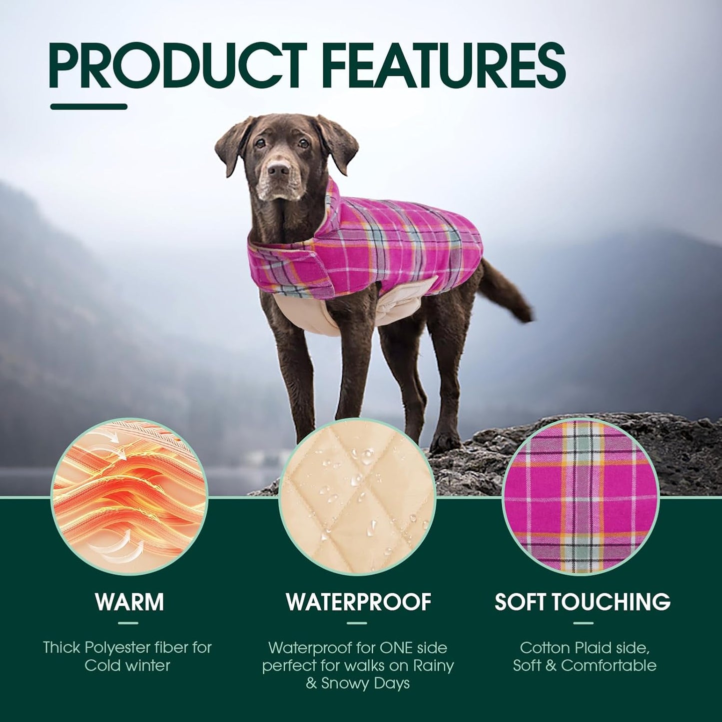 Kuoser Warm Dog Coat, Waterproof Dog Coats for X-Small Dogs, Adjustable Durable Doggie Winter Jacket Reversible Cozy Puppy Cold Weather Apparel from Small to Large Breed, Rose XS