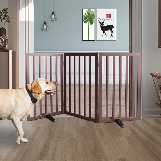 ZJSF Freestanding Indoor Dog Gate for House Foldable Wood Puppy Gate for Doorways Pet Gate for Stairs Extra Wide Pet Fence, Brown, 32" Height 3 Panels